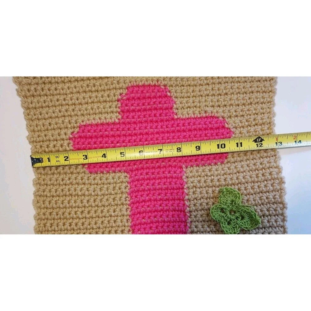Handmade Crocheted Pink Cross Floral Wall Hanging Tapestry - Easter - Religious